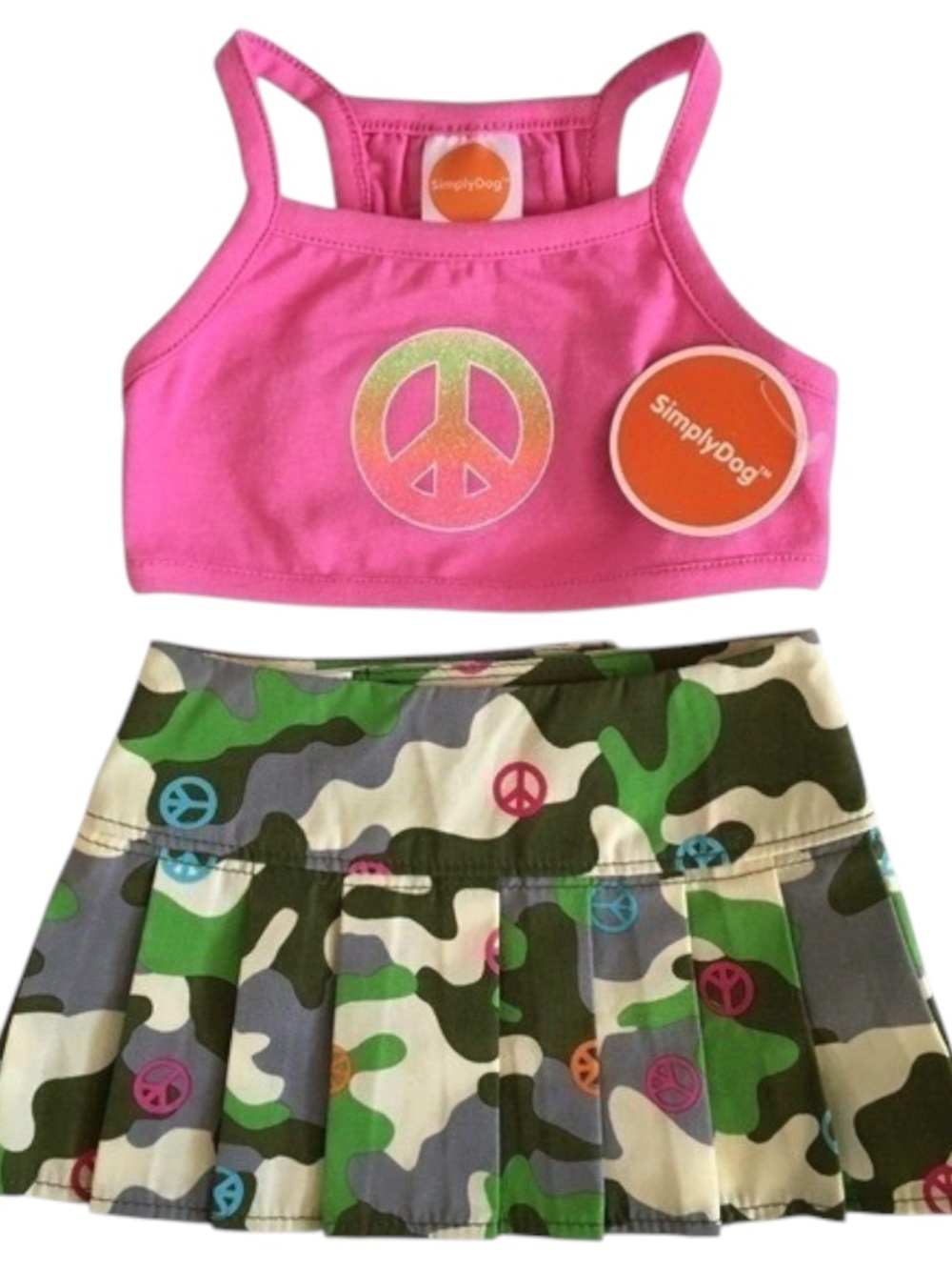 SimplyDog 2-Piece Camo Skirt & Peace Top Dog Outfit Pink/Green Size S